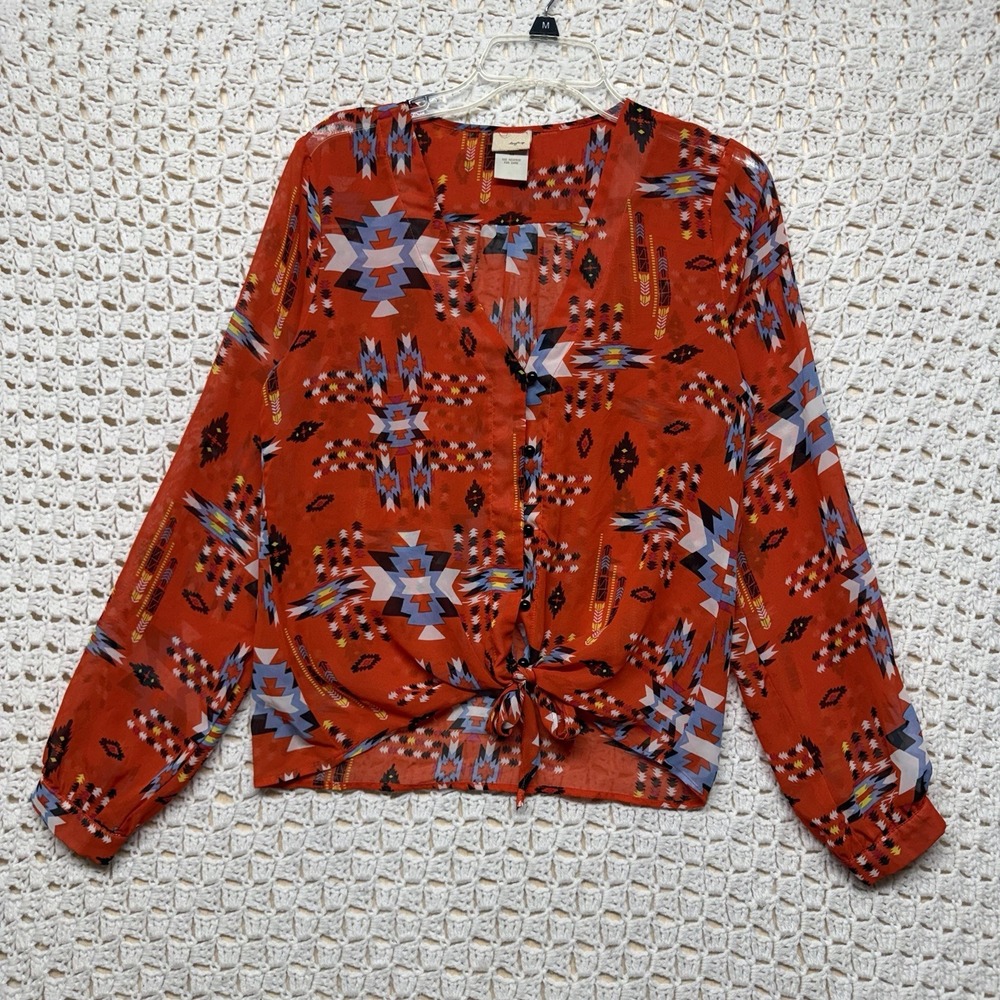 Daytrip Blouse Shirt Women M Red Aztec Print Tie Front Chiffon Western Long Slv